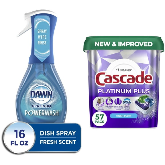 Dawn Powerwash Spray, Dish Soap, Dishwashing Liquid, Fresh, 1 Starter Kit, 16 Fl Oz plus Cascade Platinum Plus Dishwasher Pods, Fresh, 57 Count