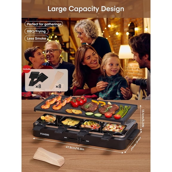 Raclette Grill, 2 in 1 Raclette Table Grill Indoor, 1500W Korean BBQ Grill Electric Griddle with Reversible Non-stick Plate, Adjustable Temp Control and 8 Paddles for Parties and Family Fun