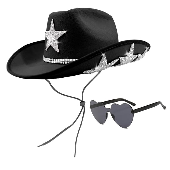 Sombrero de Vaquera Blanco con Gafas de Corazón - Sombrero Vaquero con Estrella Brillante para Mujeres en Fiesta Temática de Despedida de Soltera (Estrella Negra)