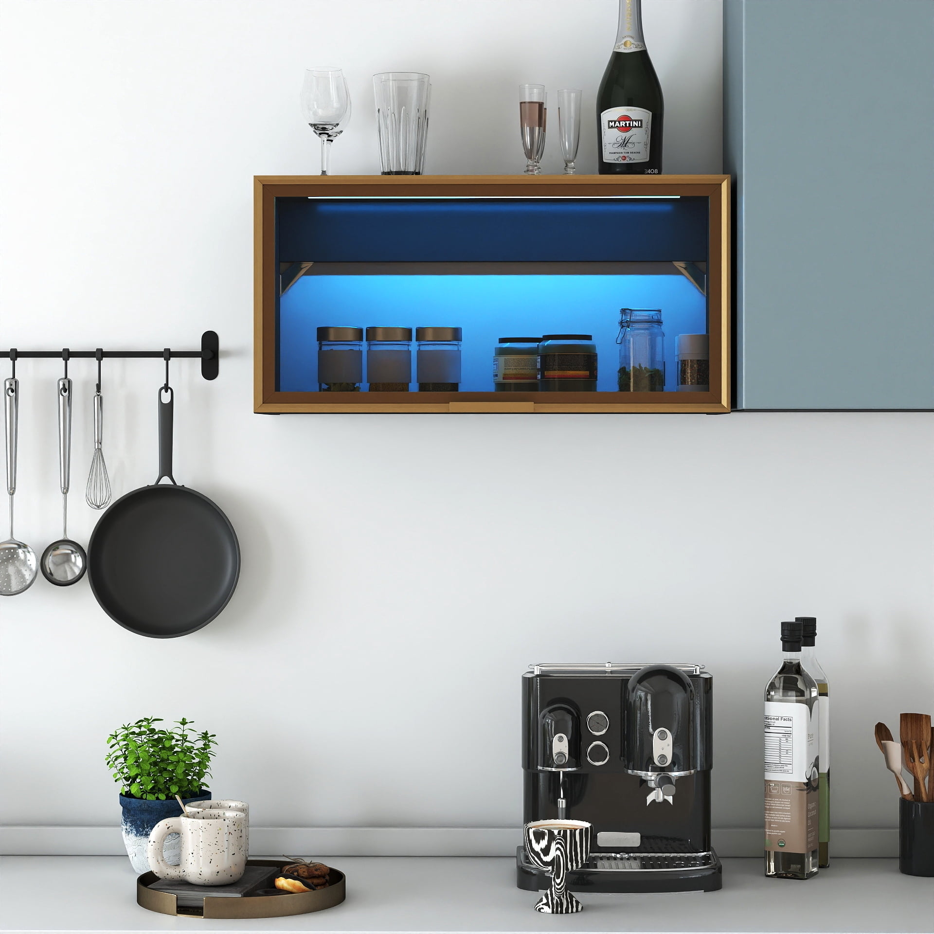 Mintazer Wall-Mounted Kitchen Storage Cabinet with LED Light, Flip-Up Glass Door Wall Cabinet with Gold Trim, Black