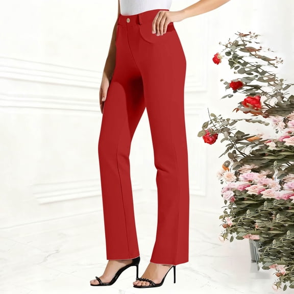 Cagogo Women's High Waisted Straight Leg Pants with Pockets Plus Size Office Work Trousers Long Pants Business Casual Basic Dress Pants, Red 3XL
