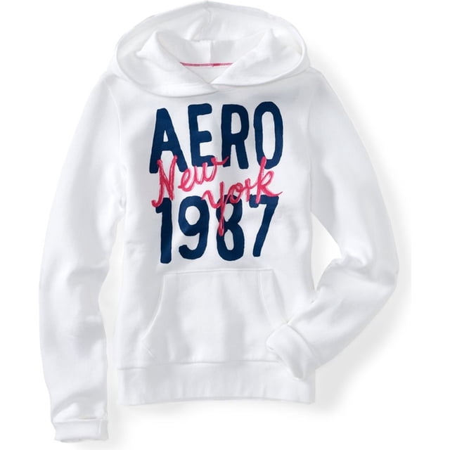 Sudadera con capucha Aeropostale New York 1987 con bolsillo canguro para mujer color blanco grande