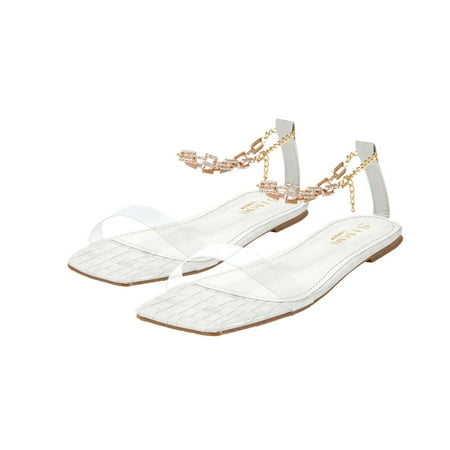

Aayomet Walking Sandals Women Sandals Rhinestone Chain Women s Belt Transparent Flat Point Fashion Women s sandals White 7.5