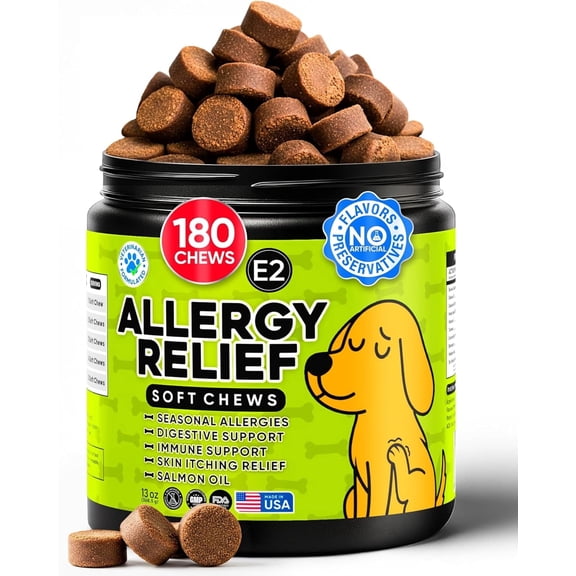 Dog Allergy Relief Chews – Anti Itch for Dogs with Colostrum & Salmon Oil – Reduces Paw Licking & Hot Spots – Omega 3 Fish Oil - Dry Skin & Coat Supplement for a Happy, Healthy Pup - 180 Count