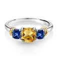 thumbnail image 2 of Gem Stone King 925 Sterling Silver and 10K Yellow Gold Yellow Citrine and Blue Created Sapphire 3 Stone Engagement Ring for Women (1.62 Cttw, Cushion Cut 6MM and 4MM, Available in Size 5, 6, 7, 8, 9), 2 of 4