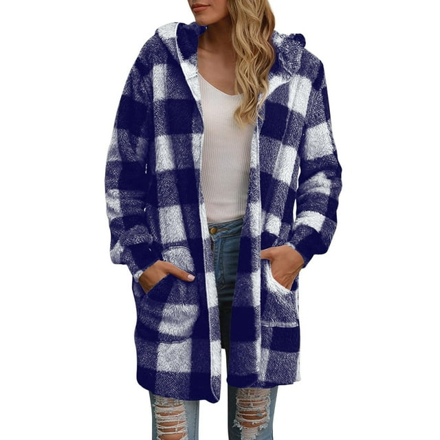 Chbgutlmr Veste en Molleton Femme à Manches Longues Ouverte devant à Carreaux Décontractée Automne Hiver Chaude avec Capuche et Poches