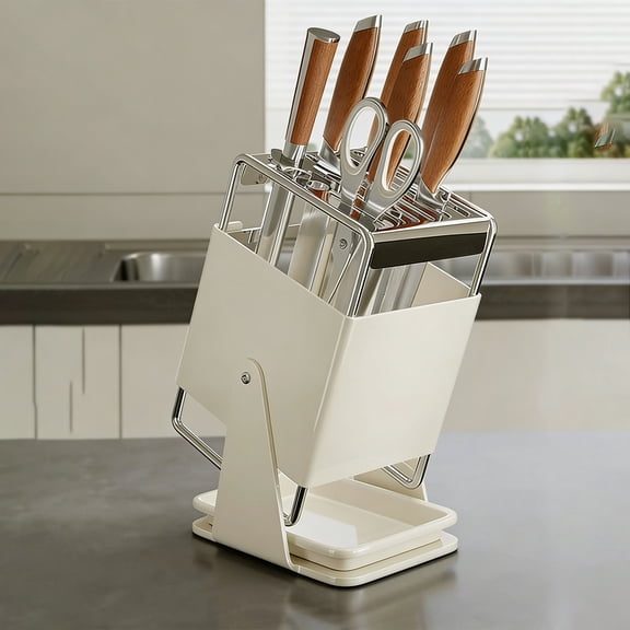 Luxcidy Rotatable Knife Storage Rack, Countertop Kitchen Knife Holder, Space Saving Magnetic Knife Block Stand for Chef Cutlery Organization (White)