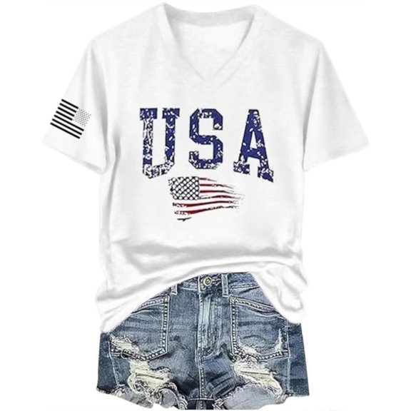 Yuanlong Womens Tshirts Round Neck Short Sleeve T Shirt Letter And Flag Print Loose Fit Stylish Daily Streetwear Tee Shirts