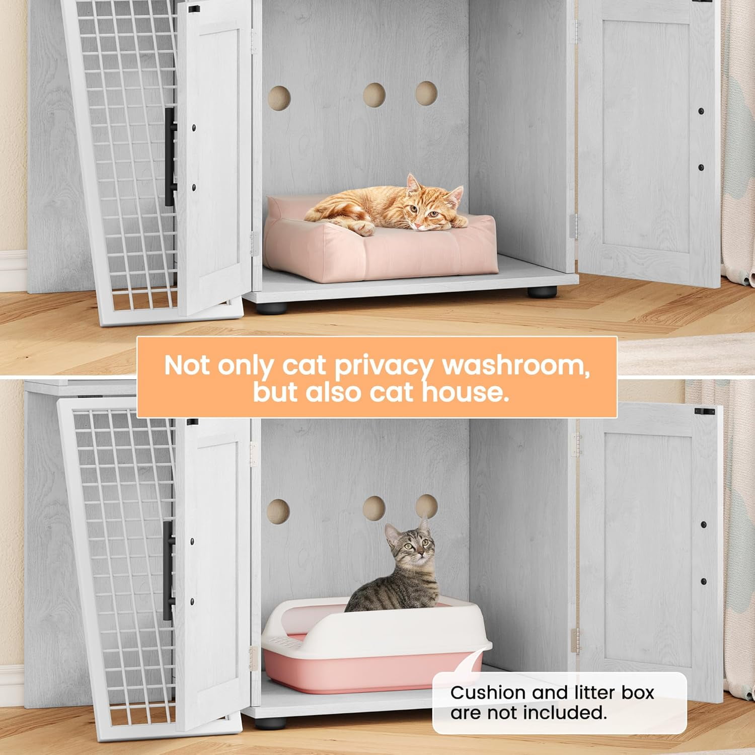 Amazing Promotions Modern Cat Litter Box Enclosure – Dual Layer Hidden Cat Washroom with Sturdy Ladder, Ideal Cat Cabinet for Indoor Cats in White