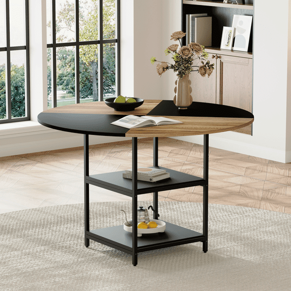 47 inch Round Dining Table for 4, Wood Kitchen Table Large Dinner Table with Storage Shelf Metal Legs for Home Dining Room Living Room, Black Rustic Brown