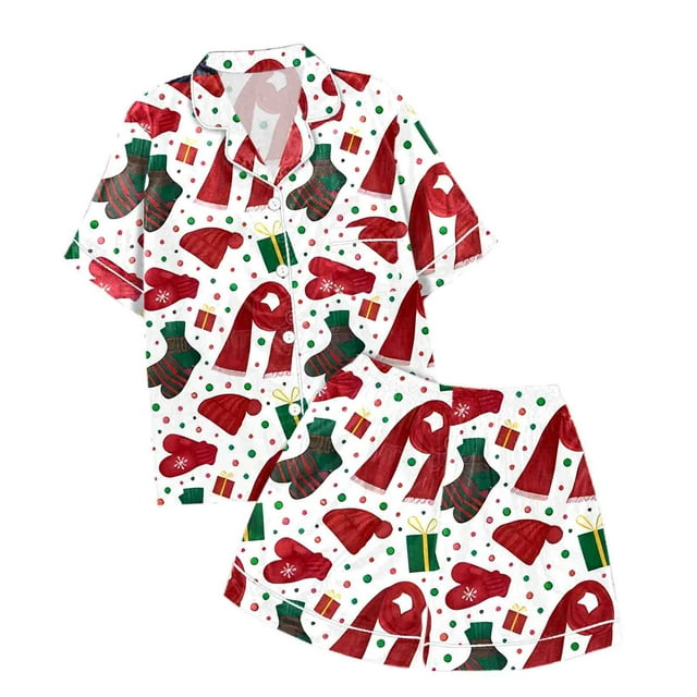 WEAIXIMIUNG Ensemble de Pyjama Décontracté pour Enfants de Noël Imprimé, Chemise à Col Boutonnée à Manches Courtes et Short 8-9 Ans
