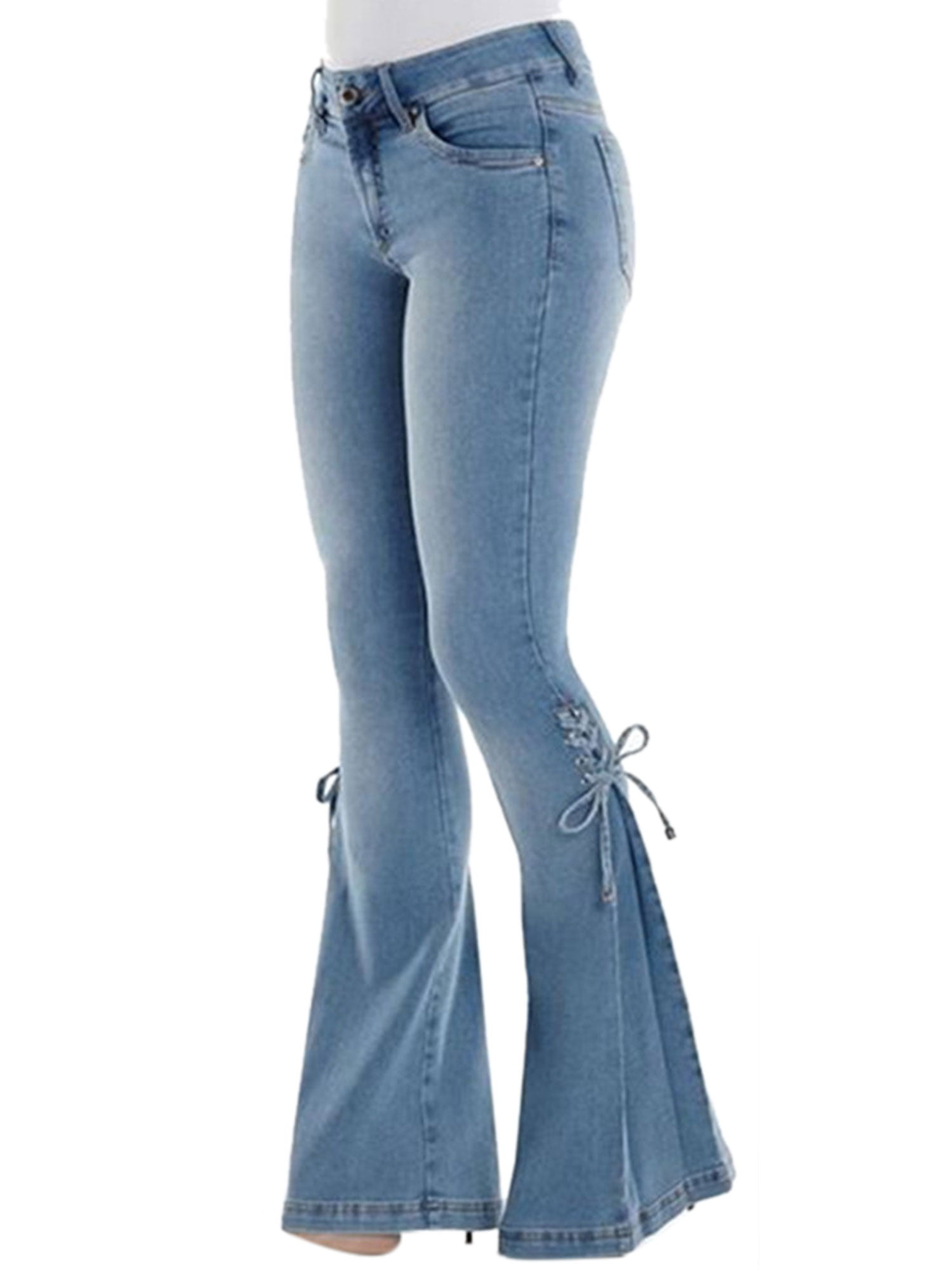 New Fashion Women Ripped Hole Buttons Skinny Long Bell-Bottom Jeans Denim Pants