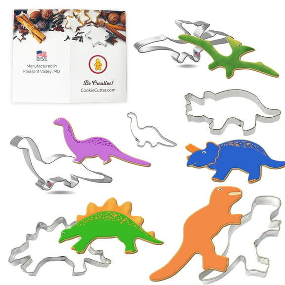Dinosaur Cookie Cutter 6 Pc Set HS0429 - 6 Piece - Triceratops 5 in, Stegosaurus 5.5 in, T-Rex 5 in, Brontosaurus 7.25 in, Baby Brontosaurus 3.5 in and Pterodactyl 6 in - Foose - USA Tin Plated Steel