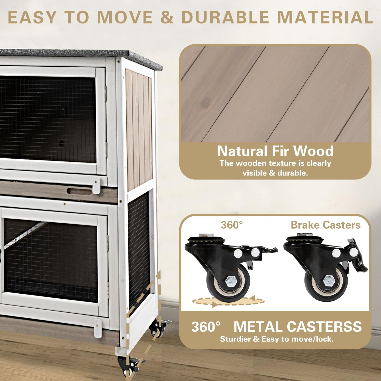 Gowoodhut Rabbit Hutch Indoor Wooden 2 Story Bunny Hutch Rabbit Cage with Wheels for Small Animals