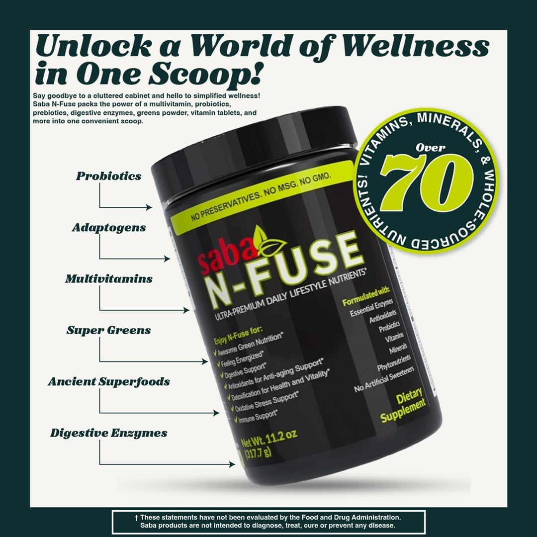 Saba N-Fuse-Supper Foods-Phytonutrients, Super Fruits, Pre & Probiotics, Enzymes, Adaptogens, Antioxidants-Eliminate Toxins, Gas. Provides Digestive Support, Boost, Immune System & Energy-30 Servings