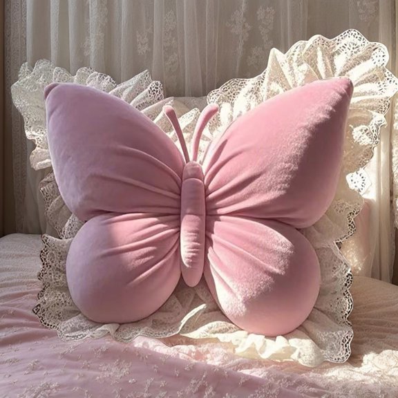 Elegant Lace Trim Butterfly Pillow - Velvet Decorative Throw Cushion for Living Room, Bedroom & Sofa - Soft Shaped Stuffed Pillow for Home Decor & Cozy Accent(15.75*13.78Inch)