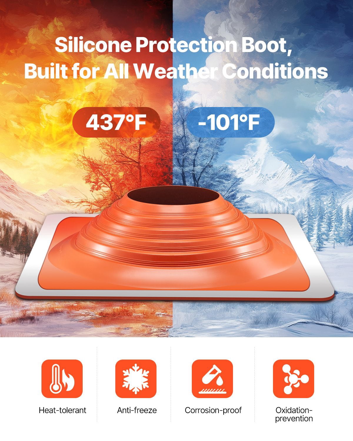 Roof Pipe Flashing Kit, 1 Pack Red Silicone Square Boot, 24.6 x 24.6 x 5.3", Fits Pipe OD 10" to 18", Aluminum Base, for Metal & Wood Roofs, Chimneys & Vents