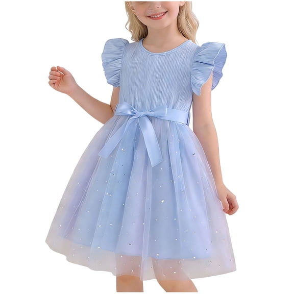 CYRBOKO Kids Flower Girl Dresses, Summer Flutter Sleeve A-line Party Kids Clothes Light Blue Size 7-8 T
