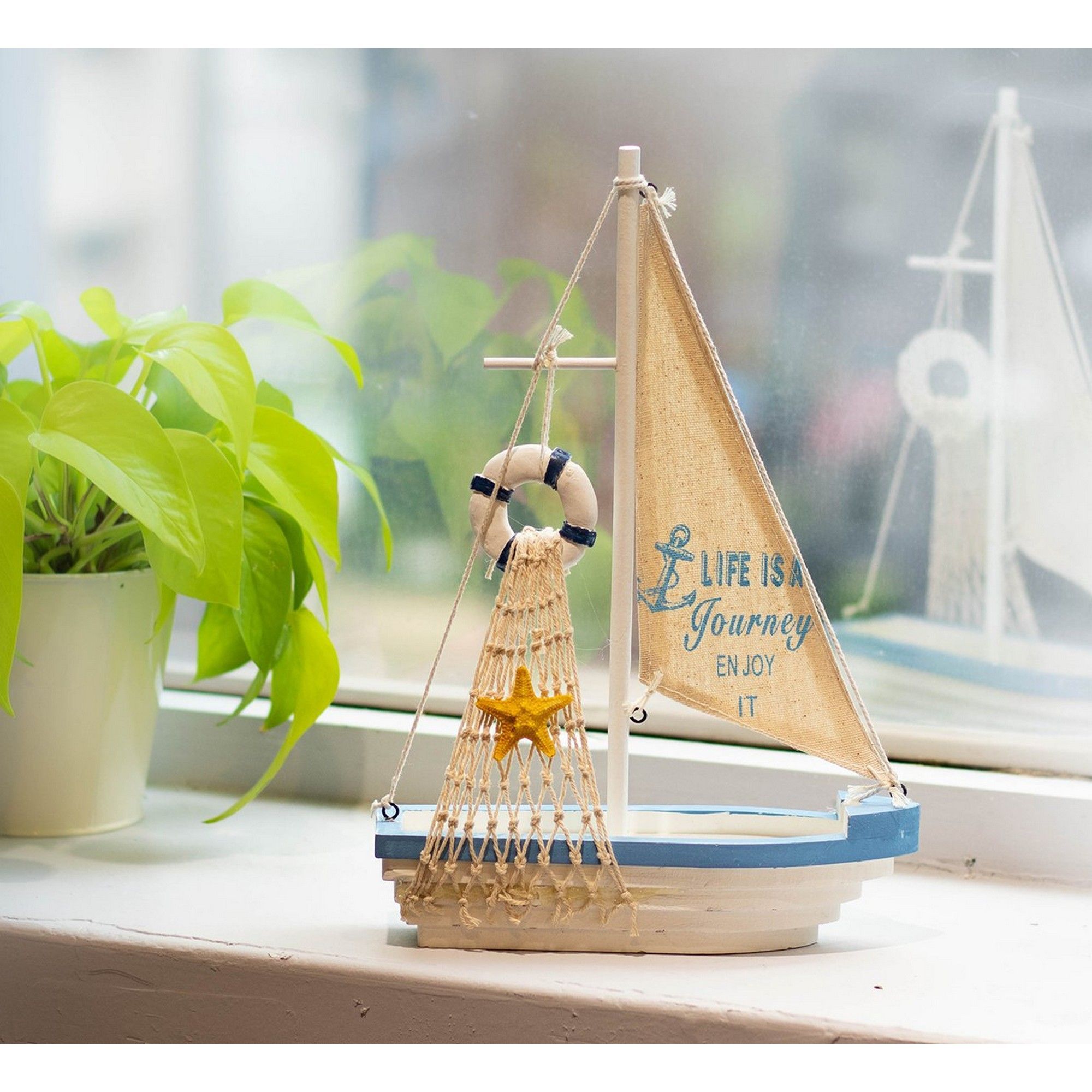 Juvale Wooden Beach Boat with Shelves for Nautical Home Decor 3.34 x 13.3 Inches