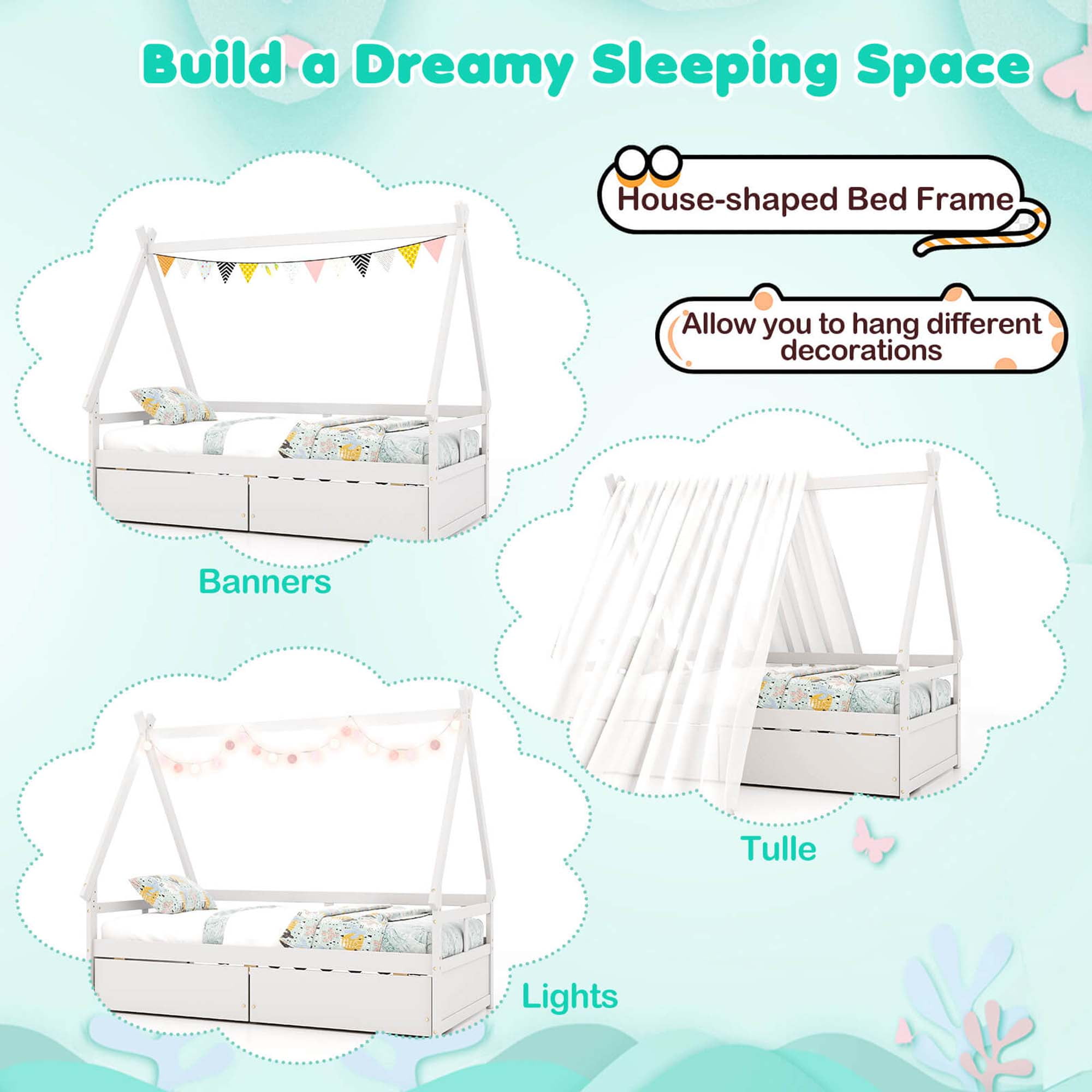 Costway Twin Size House Bed with Roof Safety Guardrail 2 Storage Drawers Wood Slat Support White