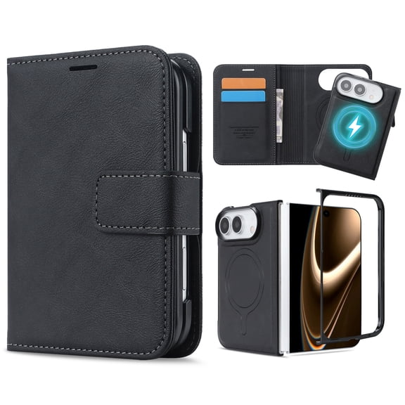 Mynvo Case for iPhone Duo with Cash Slot, Support Wireless Charging Non-Slip PU Leather Wallet Phone Case RFID Blocking Shockproof Protective Magnetic Back Cover, Black