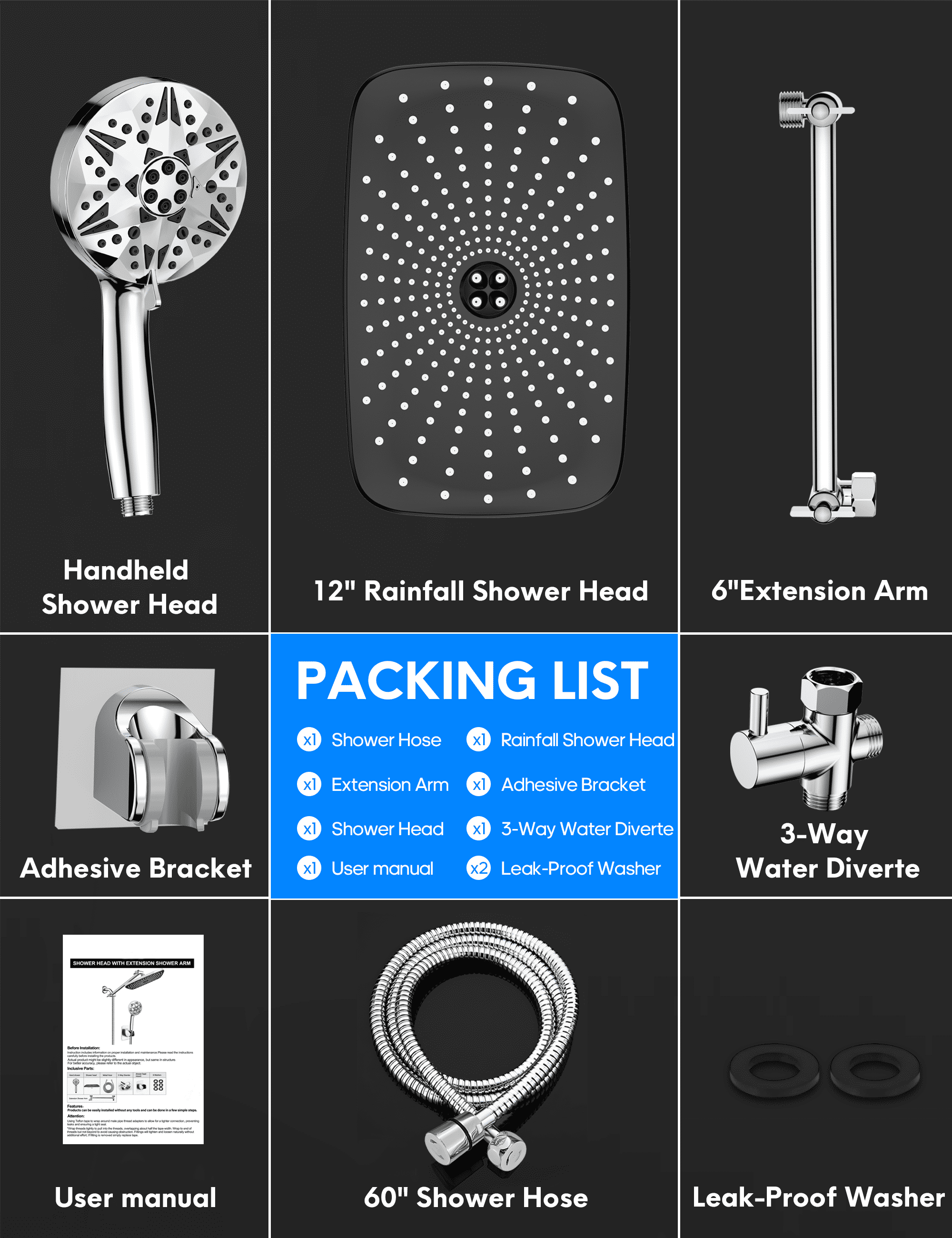 YAHHU 12 inch High Rainfall Showerhead and 10 Settings Pressure Handheld Shower Combo, Stainless Steel Dual Shower Head Set for Bathing