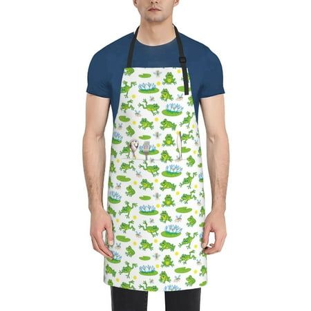 

Tebeau Frogs Jumping Print Waterproof Cooking Aprons Adjustable Bib Soft Chef Apron with 2 Pockets for Men Women