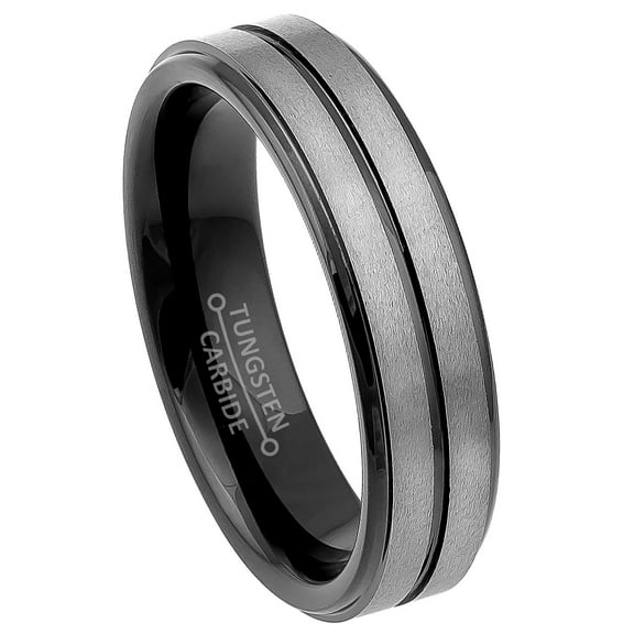 2-Tone Tungsten Wedding Ring - Band for Mens & Womens- 6mm Stepped Edge Tungsten Ring - Grooved Center Tungsten Band