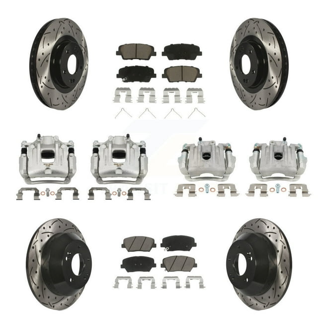 Transit Auto Front Rear Disc Brake Coated Caliper Drilled Slotted Rotors and Ceramic Pads Kit (10Pc) for Car 2014-2015 Kia Sorento Limited with 3.3L with Red Painted Calipers KCD-100372C