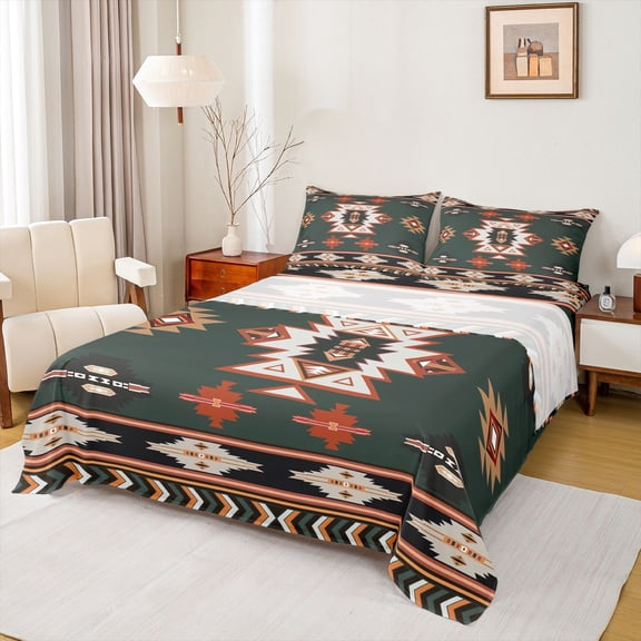 Homewish Bohemian Aztec Triangle Twin Sheet Sets, Olive Southwestern Style Twin Fitted Sheet, Teens Kids Women Men Flat Sheet, Luxury Bedroom Decor, 3-Piece