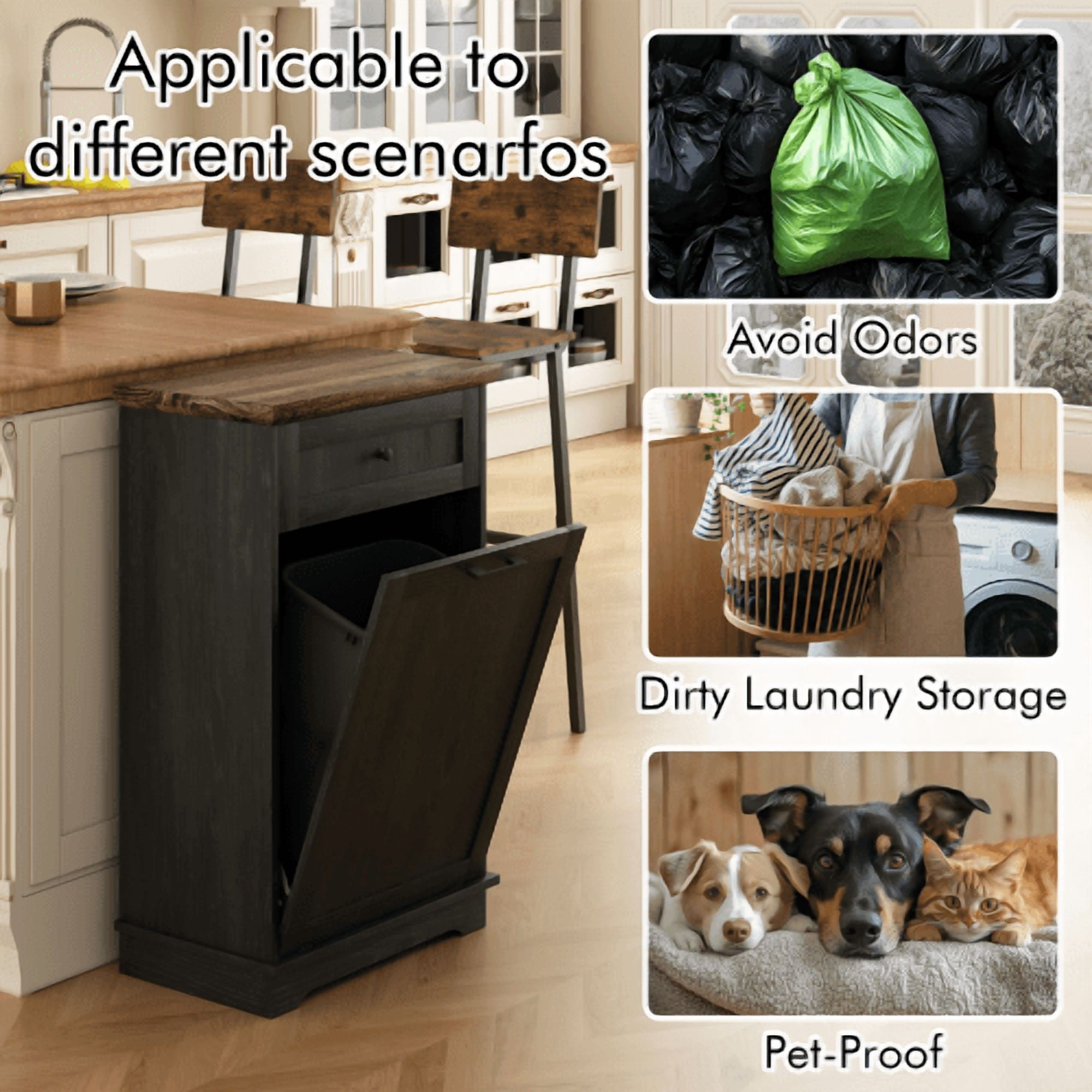 10 Gallon Tilt Out Trash Cabinet, Freestanding Wooden Garbage Recycling Bin with Hideaway Drawer, Pet Proof Trash Can Holder for Kitchen Living Room, Antique Black (Trash Can Not Included)