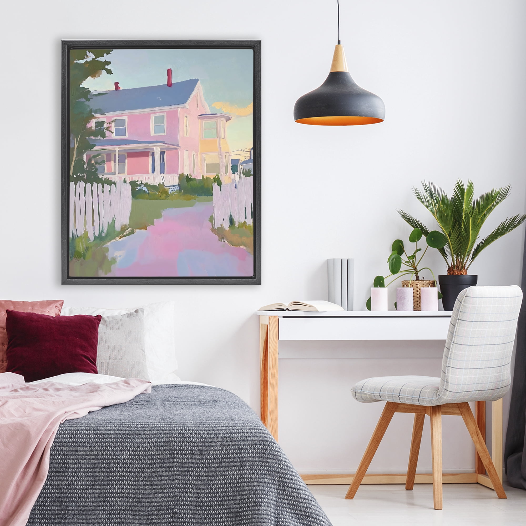 Stupell Industries Pastel Pink House with Fence Black Framed Floater Canvas Wall Art, design by The Prints Vibe