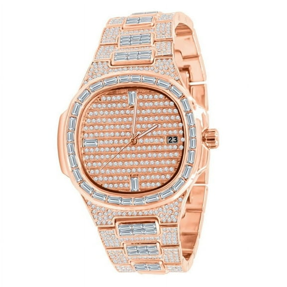 18K Rose Gold Finish Baguette/Round Cut Simulated Diamond 5 ATM Water Resistant Solid Stainless Steel Back Mens Iced Watch W/Date Function 42mm