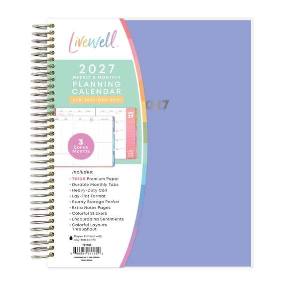 Blue Sky LiveWell 2027 Weekly and Monthly Planner Calendar, January 2027 - December 2027, 7" x 9", Laminated Cover, Heavy Duty Coil Binding, Laminated Tabs, Storage Pocket, Purple