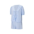 thumbnail image 2 of Gupgi Ensemble de 2 Pcs à Rayures pour Femmes Pyjama de Détente Ensemble Chemise à Manches Courtes Bouffantes à Nouer devant Shorts à Taille Élastique, 2 of 7