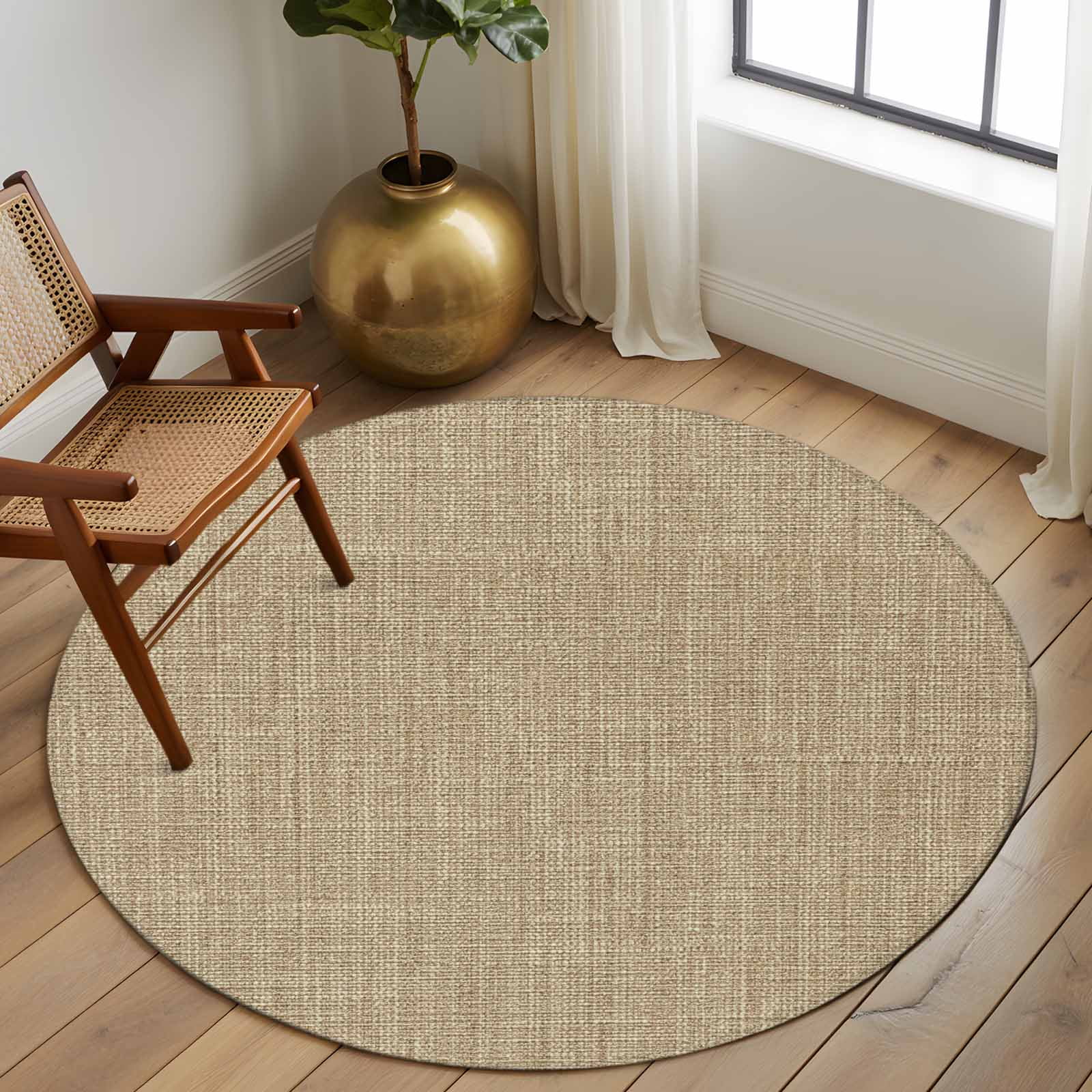 Brown Farmhouse Round Area Rug 6 FT, Non Slip Bedroom Area Rug, Vintage Country Monochrome Textured Washable Soft Circular Carpet Non-Shedding Floor Mat for Kitchen Dining Room Home Office Kids Room