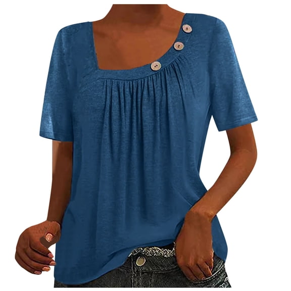 Gbsyewxs Shirts For Women Short Sleeve Square Neck Button Ruffle Solid Color Soft Summer Womens T Shirt Blue
