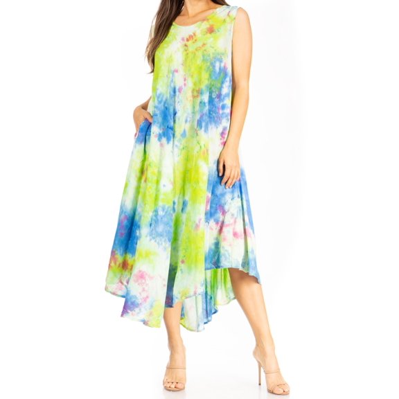 Sakkas Starlight Third Women's Tie Dye Beach Kaftan Caftan Tank Dress/Cover Up - 38-BluePink - One Size
