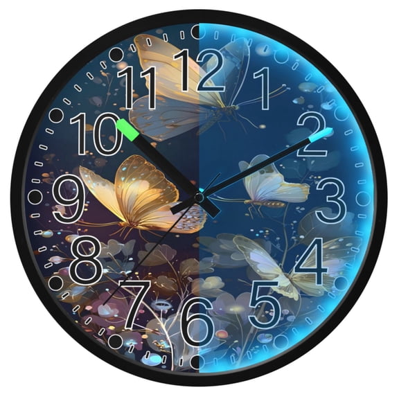 Ryvnso Glitter Butterflies 12 Inch Night Light Wall Clock Silent Battery Operated Luminous Clocks