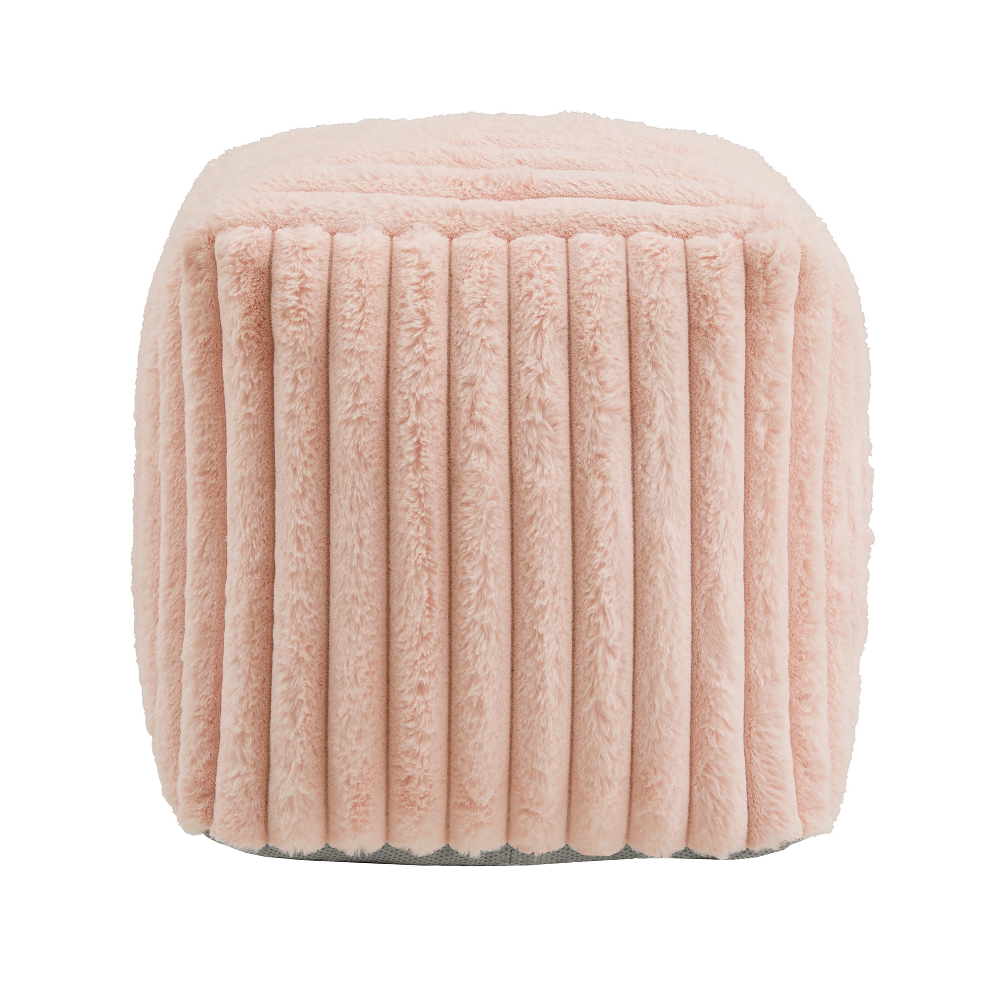 Weston Home Dinant Upholstered Square Pouf Ottoman, Pink Channel Furry Fabric