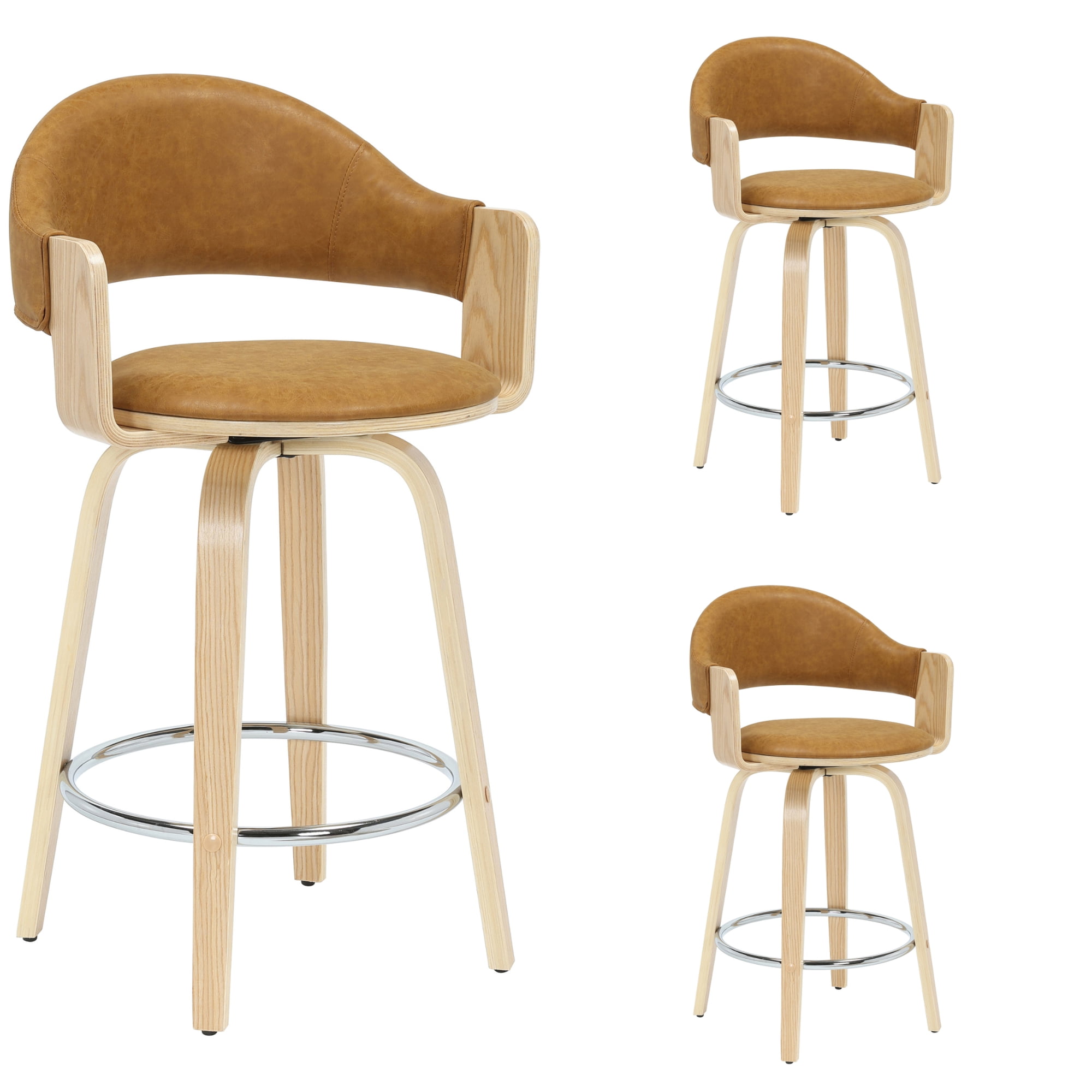 Daxton 36 in. H Swivel Counter Height Camel Round Back Wood Bar Stool with Faux Leather Seat Set of 3