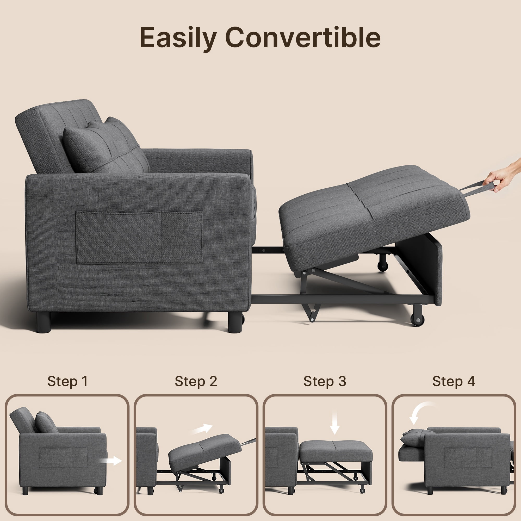 Lofka Futon Sofa Bed, 3-in-1 Sleeper Sofa with Adjustable Backrest for Living Room,Apartment,Linen Fabric,Dark Gray