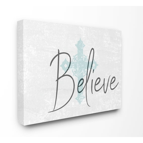 Stupell Industries Believe with Holy Cross Wood Texture Religious Painting Gallery Wrapped Canvas Art Print Wall Art, 24 x 30