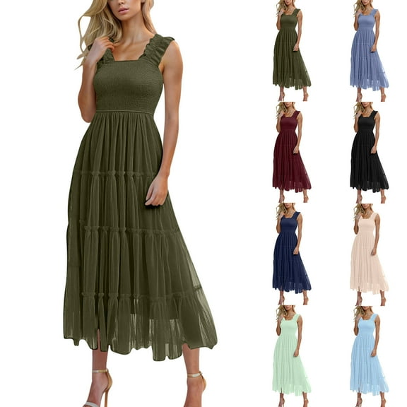 Ahuyic Summer Plus Size Dress For Women, Womens Short Sleeve Square Neckline Casual Dress, Womens Fashion Solid Color Short Sleeve Pleated Dresses Long Dress Midi Maxi Dress