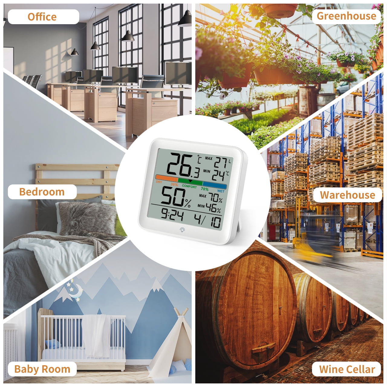 VOCOO Digital Indoor Thermometer Hygrometer, Accurate with Calibration, Backlight, Air Comfort Indicator, 24H Max Min Records, Time, Date