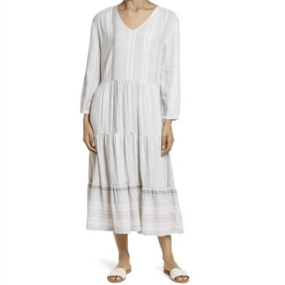 Caslon Long Sleeve Tiered Midi Dress in White- Pink Nissi Stripe, Size XS