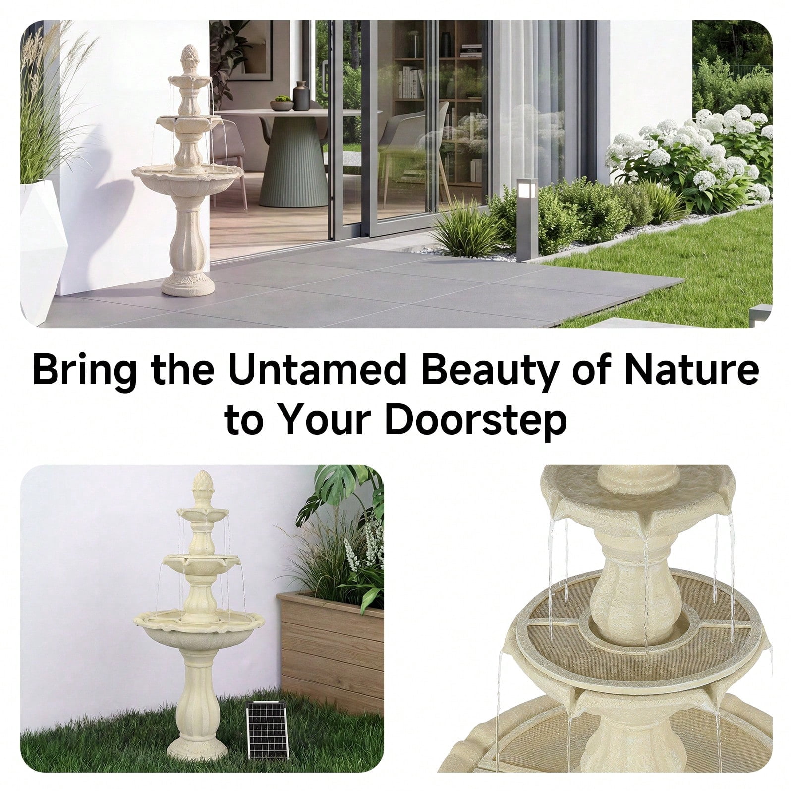 50.5 Inch 3-Tier Solar Outdoor Water Fountain, Pineapple Top Pedestal Waterfall with Warm LED Lights, Weather UV Resistant Resin, Low Noise Energy Saving, for for Yard Patio Home Decor
