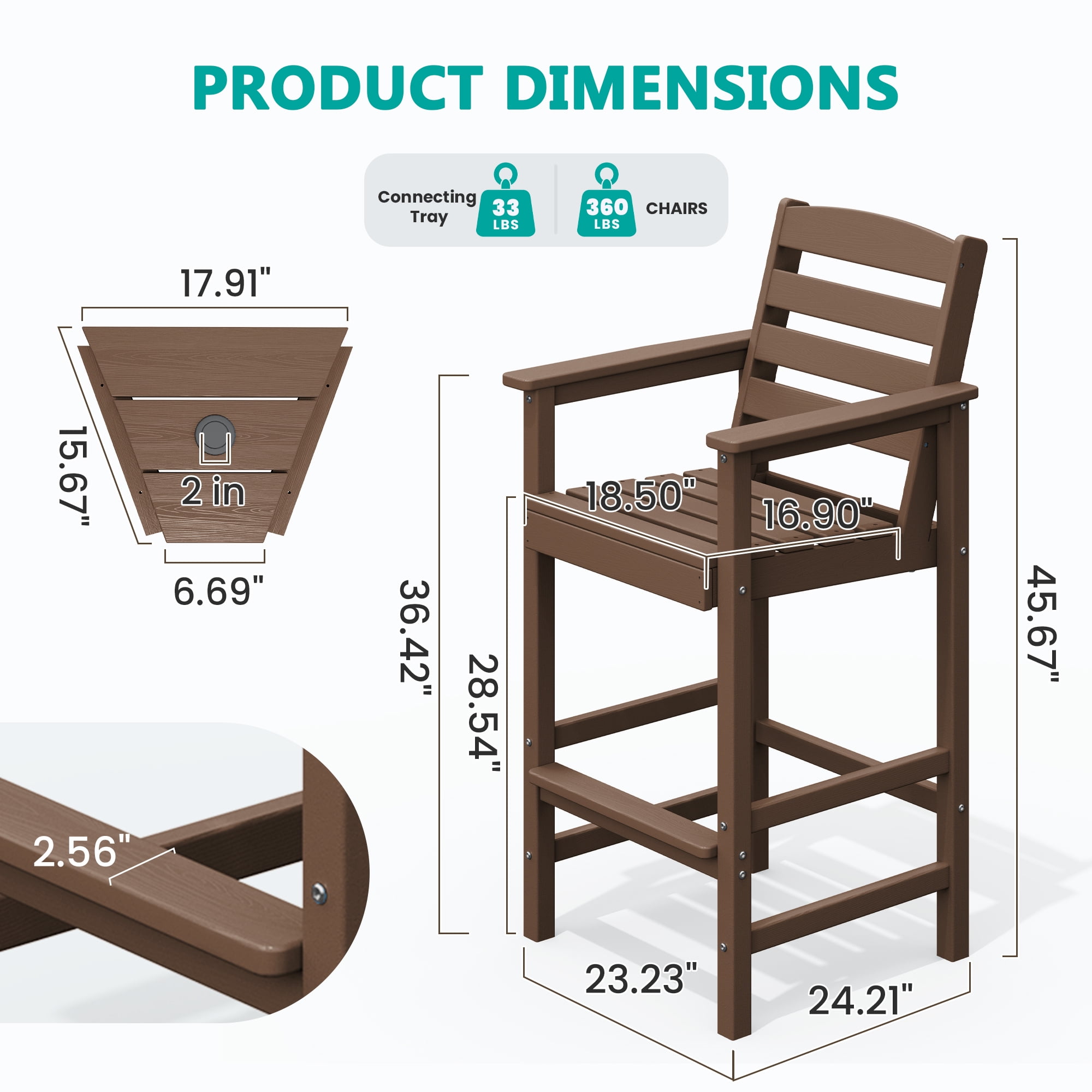LOYALICE Balcony Chair Set of 2, Outdoor Adirondack Barstools with Connecting Tray, Brown
