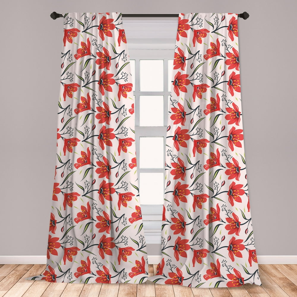 Floral Curtains 2 Panels Set, Hand Drawn Vintage Flourishing Tulip