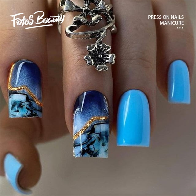 Fofosbeauty 24pcs Press on False Nails, Coffin Acrylic Nails,Ink Smudging Blue
